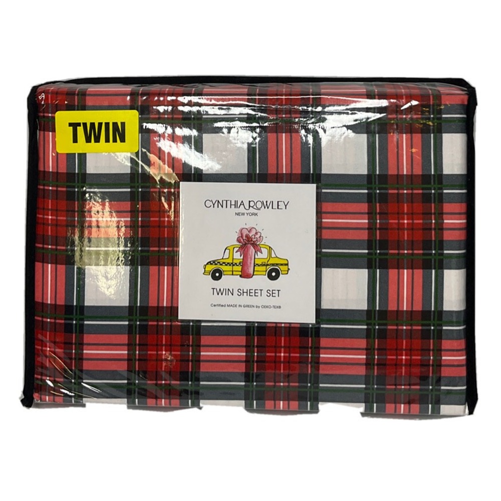Cynthia Rowley Twin Sheet Set Tartan Plaid Red Green Holiday Microfiber NEW